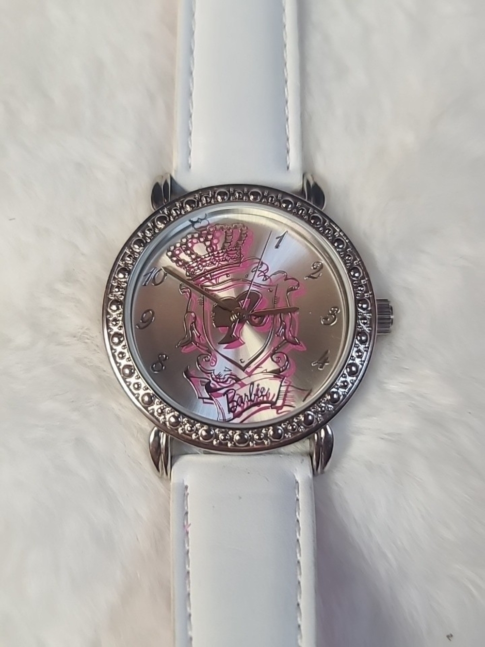 Barbie-Inspired White Strap Watch with Pink Crest Dial